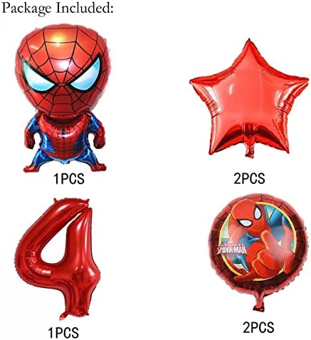 6 יחידים קישוטי יום הולדת של Spiderman4th Spidero 4, מספר 4 בלון 32 אינץ '| בלוני יום ההולדת של ספיידרמן לילדים קישוטים למסיבת מקלחת לתינוק